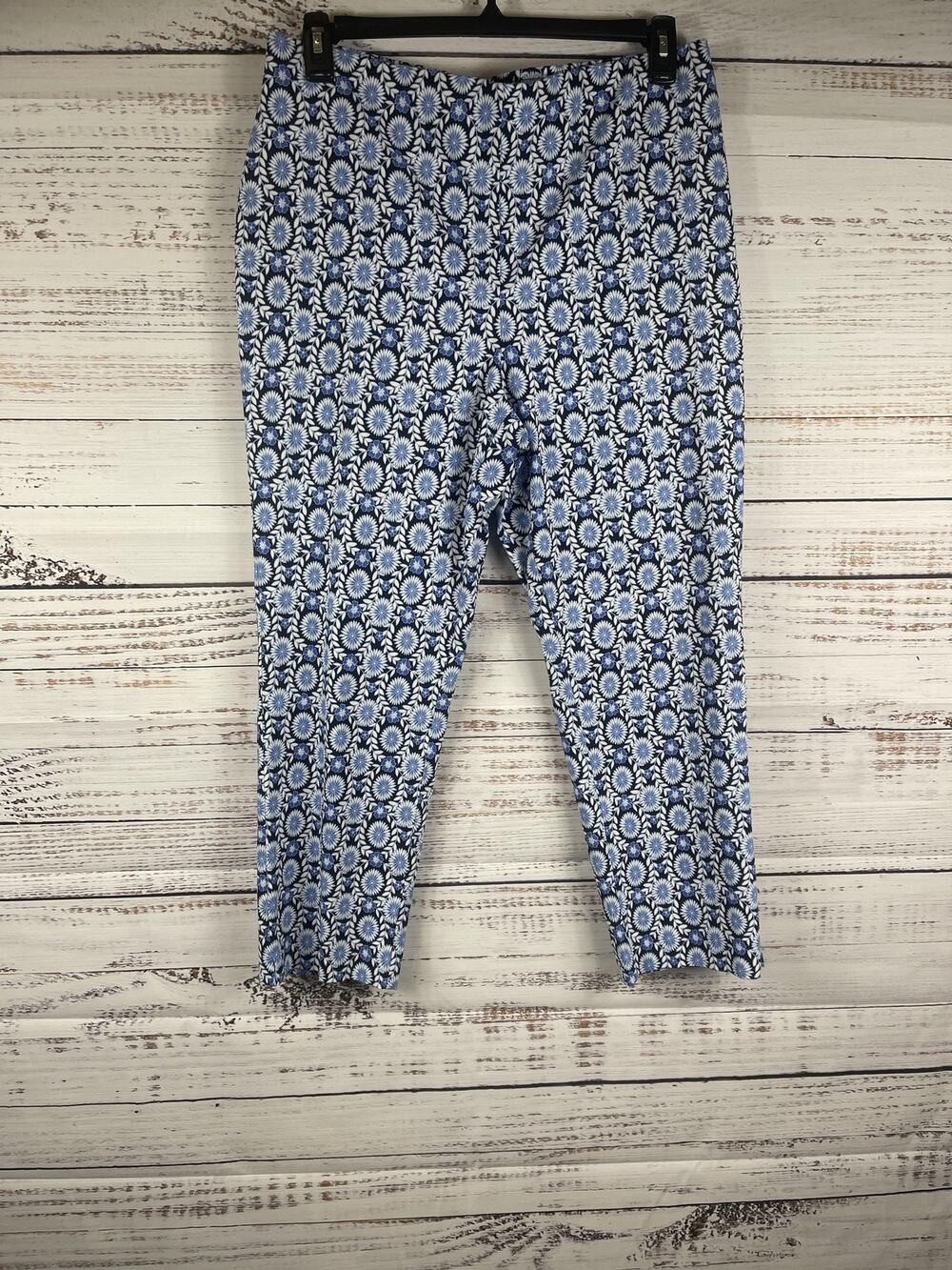 Talbots Pants Womens 14 Blue Floral Ponte Slim Ankle Pull On Stretch Dress Work